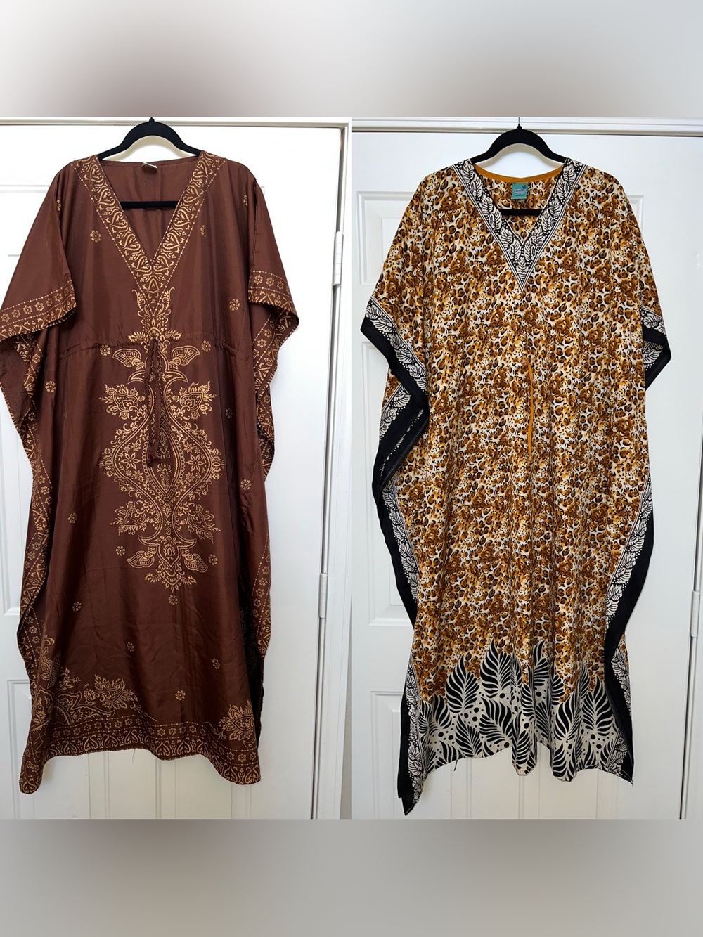 2- Brown Embroidered Kaftan & Mustard cheetah/leopard Kaftan/Moo Moo dresses